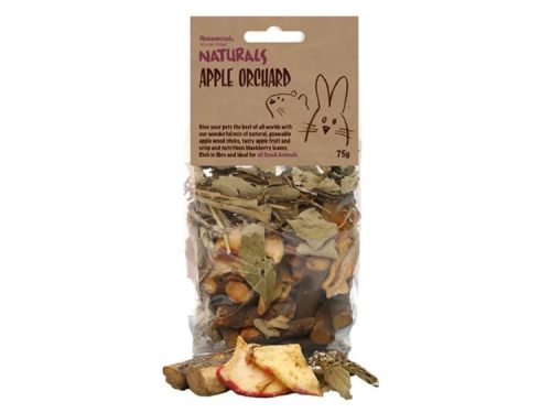Rosewood Naturals Apple Orchard blanding til gnavere, 75g. Naturlig snack med æbletræstænger, tørrede æblestykker og brombærblade, ideel til små kæledyr. Rig på fibre og sundhedsgivende ingredienser.