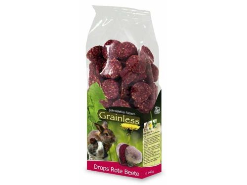 Grainless Drops Rote Beete til gnavere - sund og velsmagende snack uden korn, pakket i en 140 g pose. Ideel til kaniner og andre mindre kæledyr, der elsker en lækker treat.