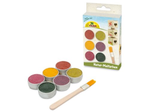 Naturmalefarver fra JR Farm i seks farver med pensel, ideel til kreativ leg med gnavere og mindre kæledyr.