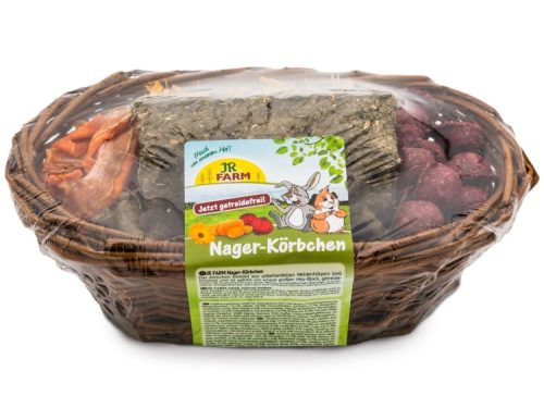 JR FARM Nager-Körbchen i flettet kurv, fyldt med naturlige snacks og godbidder til gnavere og mindre kæledyr. Uden korn, lavet af udvalgte ingredienser for sundhed og velvære.