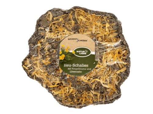 Heu-skalie med ringblomst og løvetand fra Naturhof Schröder, ideel til gnavere og mindre kæledyr som en naturlig snack og aktivitetslegetøj.