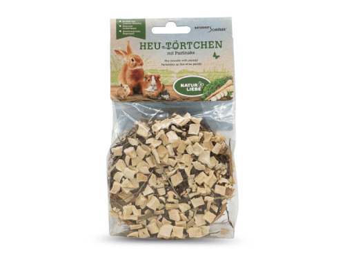 Heu-tortchen med pastinak fra NaturLiebe, ideelt til gnavere og mindre kæledyr. Sundt og velsmagende snackalternativ lavet af kvalitetsmaterialer. Perfekt til at stimulere naturlig gnaveadfærd.