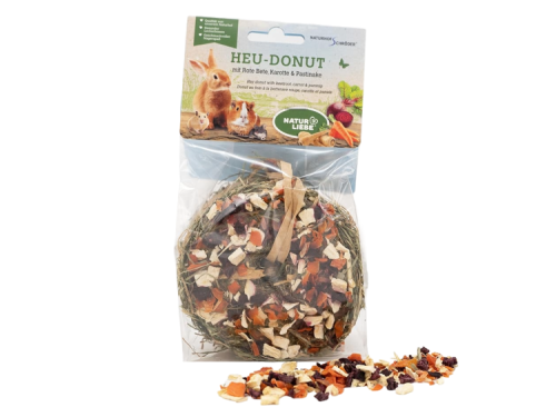 Heu-Donut fra NaturLiebe med rødbede, gulerod og pastinak, perfekt til gnavere og mindre kæledyr. Naturlig snacks, der fremmer sundhed og velvære.