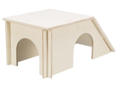 Træhus til gnavere med flere indgange, ideelt til små kæledyr som hamstere og mus. Robust design, der giver tryghed og legemuligheder. Perfekt til indendørs brug.