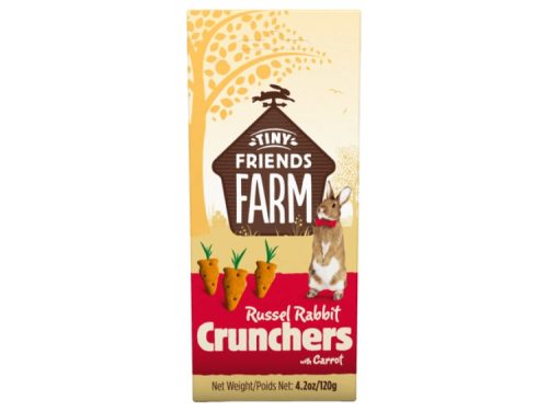 Russel Rabbit Crunchers med gulerod fra Tiny Friends Farm, velsmagende snack til gnavere og mindre kæledyr, pakket i farverig emballage.