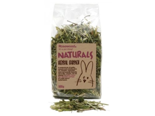 Rosewood Naturals Herbal Garden til gnavere, 100 g. Sund blanding af urter som kløver, mælkebøtte og persille, ideel til små kæledyr som kaniner og marsvin. Perfekt til at støtte et varieret kost og sund fordøjelse.