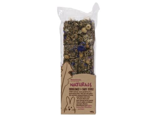 Rosewood Naturals majs- og margueritstænger til gnavere, 100% naturlige snacks med urter og blomster, velegnet til kaniner, marsvin og chinchillaer. 140g pakke.