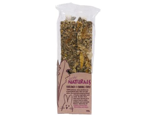 Naturlige solsikke- og kamillestænger til gnavere, 140 g. 100% naturlige ingredienser, ideelle som en sund snack til kaniner og andre små kæledyr. Perfekt til at berige dyrenes kost med smagfulde urter og frø.