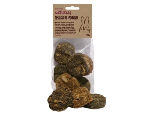Naturals breakfast cookies fra Rosewood til gnavere, 110 g. Sund og lækker godbid med en blanding af urter og grøntsager, perfekt til kaniner, marsvin og chinchillaer. Ideel til morgenmad eller som snack.