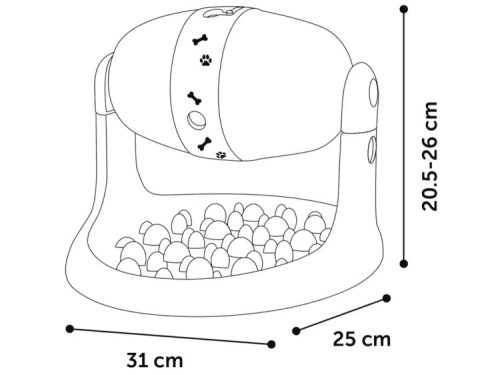 Fleksibel og justerbar foderskål til gnavere og mindre kæledyr, med dimensioner på 31 cm længde, 25 cm bredde og en højde mellem 20,5-26 cm. Designet med sjove fodspor og knogler, ideel til at holde maden organiseret og let tilgængelig.