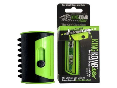 Selv-rensende grooming og de-shedding værktøj fra King Komb, ideelt til små hunde og katte. Produktet præsenteres i en grøn og sort emballage og inkluderer en praktisk retraktionsfunktion.