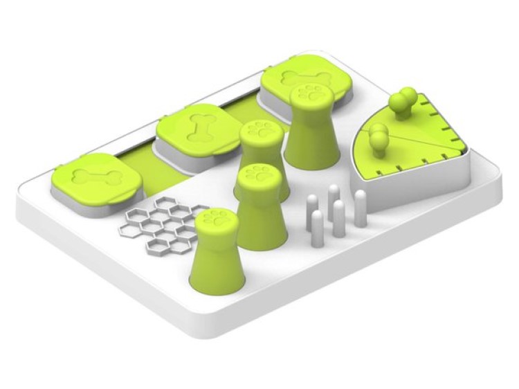 Interaktivt aktivitetslegetøj til gnavere, designet til mental stimulation med grønne og grå dele i forskellige former som knogler og potespor. Perfekt til hamster, mus og andre små kæledyr.