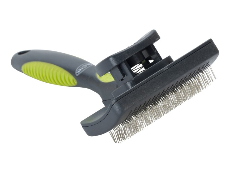 Børste til gnavere med ergonomisk håndtag og metalstænger, ideel til pelspleje af mindre kæledyr. Perfekt til at fjerne løs pels og underuld.