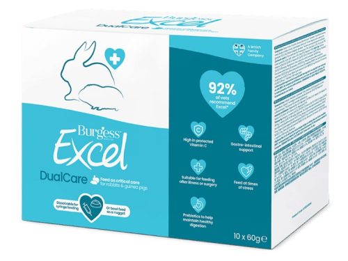 Burgess Excel DualCare foder til kaniner og marsvin, høj i beskyttet vitamin C, 10 pakker á 60 g. Ideelt til ernæringsmæssig støtte efter sygdom eller operation samt ved stresstilstande.
