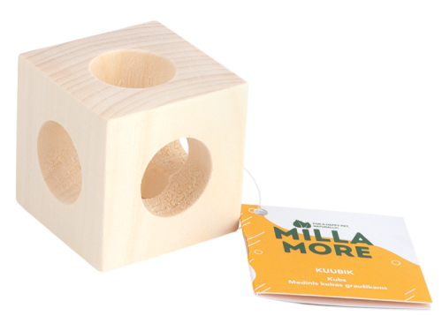 Kube til gnavere fra Milla More, lavet af naturligt træ med huller til leg og aktivitet, ideel til små kæledyr som hamstere og mus.