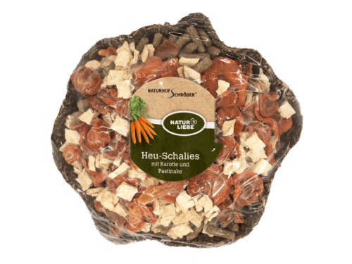 Heu-Schalies med gulerod og pastinak fra Naturhof Schröder, perfekt snack til gnavere og mindre kæledyr, der fremmer sundhed og velvære.