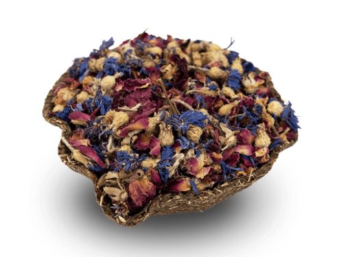 Naturlig urtemix til gnavere med tørrede blomster og urter, ideel som sund snacks eller tilbehør. Perfekt til at berige dit kæledyrs kost og stimulere deres sanser.