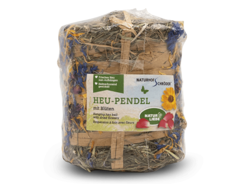 Hængehemp med blomster fra Naturhof Schröder, ideel til gnavere og mindre kæledyr. Frisk hø pakket med tørrede blomster, der giver en naturlig og sund snack.