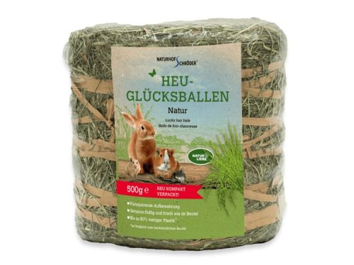 Heu-glücksballe fra Naturhof Schröder, 500 g, ideel til gnavere og mindre kæledyr. Kompakt emballage, der holder høet friskt og pladsbesparende. Perfekt til kaniner og marsvin.