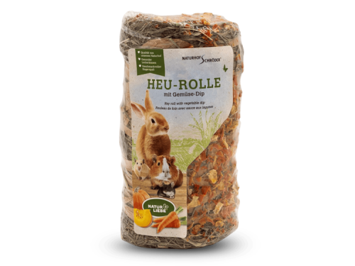 Heu-rolle med grøntsagsdip fra Naturhof Schröder, ideel til gnavere som kaniner og marsvin, sikrer en sund og velsmagende snack.