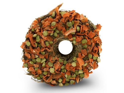 Gnaver snackring med grøntsagsstykker, ideel til gnavere og mindre kæledyr. Fremmer tandpleje og underholdning. Perfekt som sund godbid.
