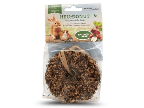 Heu-donut med æble og rødbede fra NaturLiebe, ideel til gnavere og mindre kæledyr, giver en sund og sjov snack. Perfekt til at stimulere naturlig adfærd og holde kæledyret aktivt.