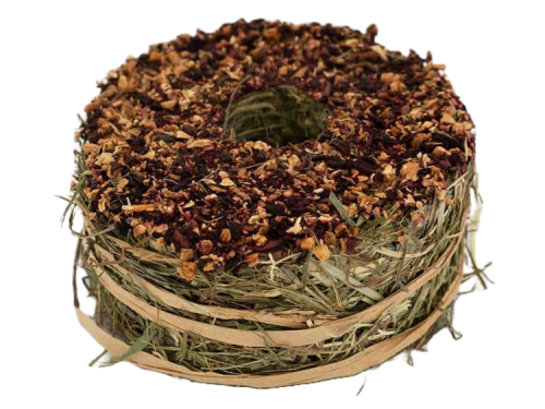 Naturvenligt gnaverfoder i rund form, fyldt med tørrede urter og grøntsager, ideelt til gnavere som kaniner og marsvin. Perfekt til at stimulere naturlig gnaven og holde dit kæledyr aktivt.