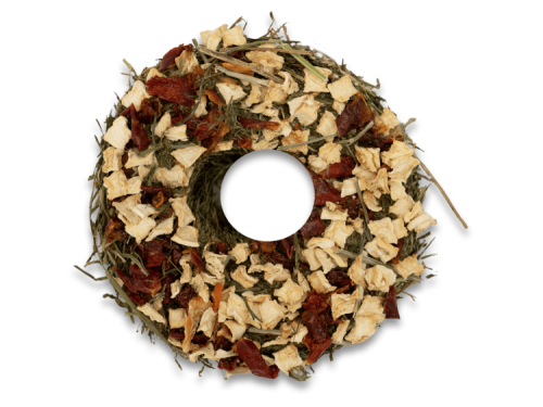 Naturlig snacksring til gnavere, lavet af tørrede frugter og urter. Ideel til at stimulere gnaveres sanser og holde dem aktive. Perfekt til hamstere, mus og andre små kæledyr.