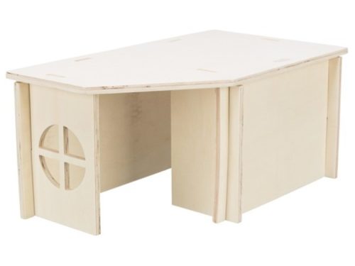 Kreativ trælegeplads til gnavere, ideel som skjulested og aktivitetsområde. Holdbart design i naturtræ med åbninger for leg og udforskning. Perfekt til hamstere, mus og andre mindre kæledyr.