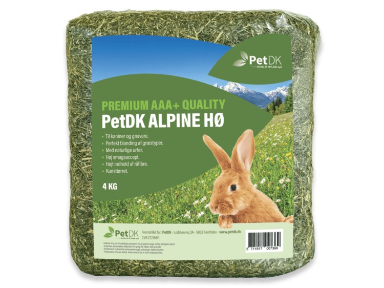 Premium AAA+ kvalitet PetDK Alpine Hø til kaniner og gnavere, perfekt blanding af græsser med naturlige urter. 4 kg pakke med højt indhold af råfibre og tilpasset smagspræferencer.