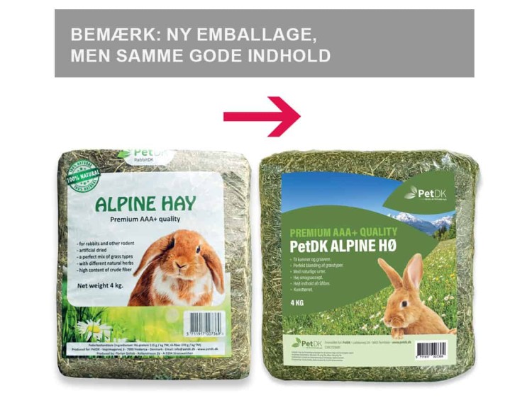 Premium Alpine Hø fra PetDK velegnet til gnavere. 4 kg pakke med høj kvalitet, naturlige ingredienser og en blanding af forskellige græsser for optimal ernæring. Ny emballage med samme gode indhold.