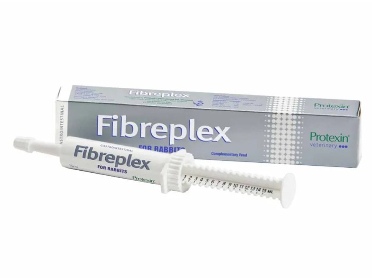 Fibreplex til kaniner fra Protexin, et komplementært foder til støtte for gastrointestinal sundhed. Indeholder en sprøjte til nem dosering.