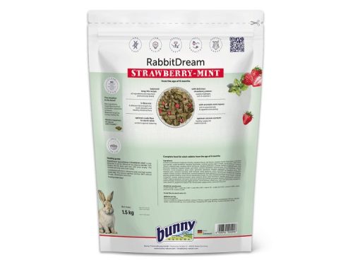 Bunny RabbitDream Strawberry-Mint er en komplet foderblanding til voksne kaniner fra 6 måneders alderen. Denne 1,5 kg pakke indeholder en velsmagende blanding af jordbær og mynte, der sikrer en afbalanceret kost og optimal ernæring for dit kæledyr.