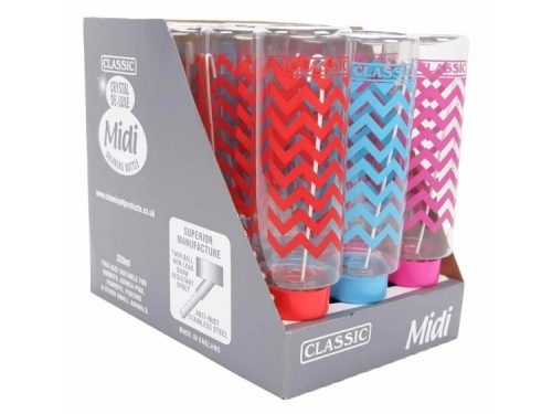Drikkeflaske til gnavere fra Classic i Midi-størrelse, med farverige zigzag-mønstre. Flasken har en kapacitet på 320 ml og er designet til små kæledyr som hamstere og mus. Den er lavet af rustfrit stål og har en ikke-lækage spout for optimal brug. Velegnet til både indendørs og udendørs brug.