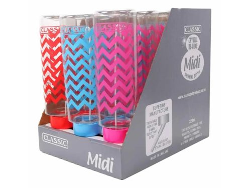 Drikkeflaske til små kæledyr fra Classic, model Midi, med 320 ml kapacitet. Leveres i farverne rød, blå og pink, designet med zigzag-mønster. Ideel til kaniner, marsvin og andre smådyr. Anti-rust, ikke-læk og med en robust spout for nem brug.