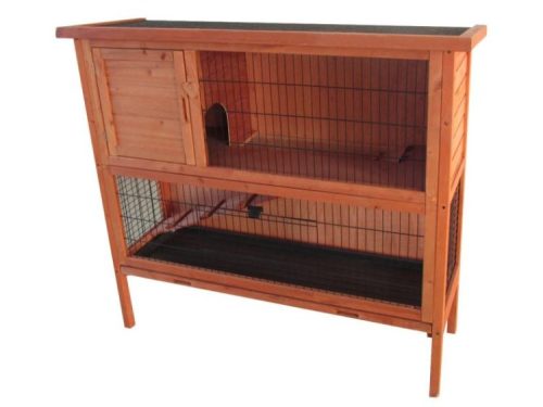 Gnaverbur i træ med to niveauer og net, ideel til små kæledyr som kaniner og marsvin. Robust design med adgangslukning og indgangshul, perfekt til indendørs og udendørs brug.