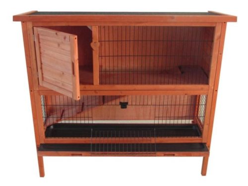 Gnaverbur i træ med to etager og åbning, ideel til hamstere og andre mindre kæledyr. Robust design med metalgitter og nem adgang til begge niveauer.