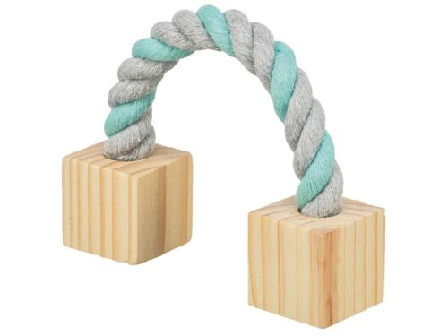Sød aktivitetslegetøj til gnavere bestående af en farverig snor og to træblokke, ideel til at stimulere leg og aktivitet hos mindre kæledyr.