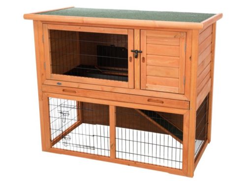 Kvalitetsbur til gnavere i træ med to niveauer, ideel til hamstere og marsvin. Buret har en græstækket tagflade og netgitter for optimal ventilation og sikkerhed. Perfekt til indendørs eller udendørs brug.