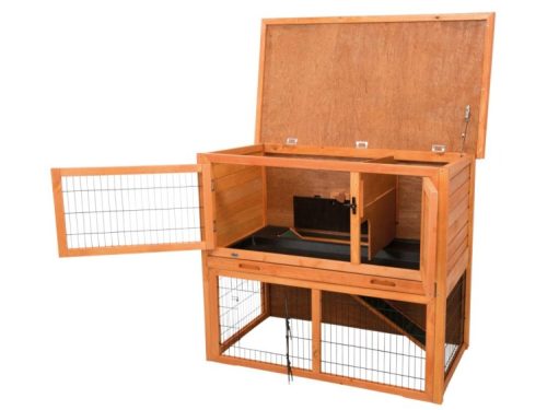 Kvalitets bur til gnavere i træ med flere rum og åbent tag, ideelt til hamstere eller kaniner. Perfekt til indendørs eller udendørs brug, designet til at give et sikkert og komfortabelt miljø for dit kæledyr.