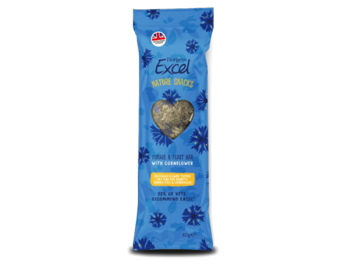 Burgess Excel Nature Snacks Forage & Feast Bar med kornblomst til gnavere, ideel som velsmagende snack til kaniner og marsvin. Pakken indeholder 60 g og anbefales af 92% af dyrlæger.