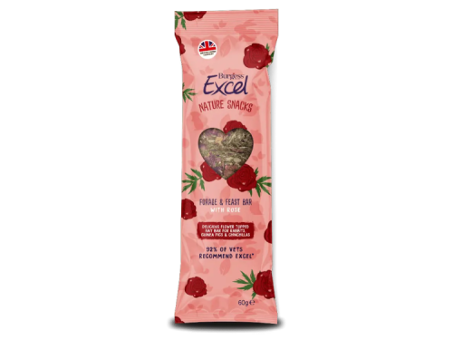 Burgess Excel Nature Snacks Forage & Feast Bar med rose, 60g, sund snack til gnavere som hamster, marsvin og chinchilla. Ideel til at stimulere naturlig foraging adfærd.