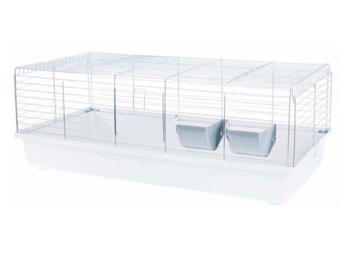 Gnaverbur i metal med plastbund, ideel til marsvin og andre små kæledyr. Inkluderer to foderautomater og god ventilation. Perfekt til at sikre et sikkert og komfortabelt miljø for dit kæledyr.