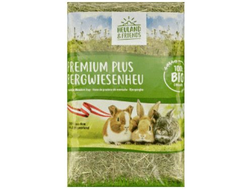 Premium Plus Bergwiesenheu fra Heuland & Friends, 100% økologisk hø til gnavere og mindre kæledyr, ideelt til kost og leg.