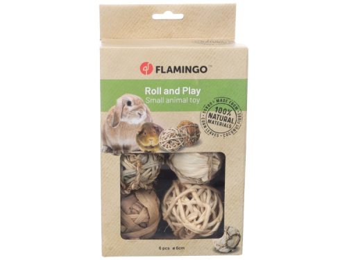 Flamingo Roll and Play legetøj til små kæledyr, bestående af 6 naturlige kugler lavet af kokosfibre og blade. Ideelt til gnavere som kaniner og marsvin for underholdning og leg.