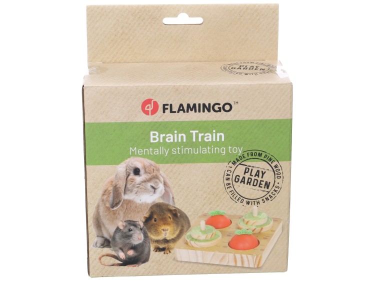 Flamingo Brain Train, mentalt stimulerende legetøj til gnavere og mindre kæledyr. Designet til at udfordre og underholde, lavet af fyrretræ og kan fyldes med snacks.