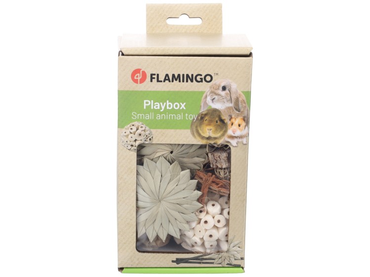 Flamingo Playbox med legetøj til smådyr, indeholdende naturlige materialer som planter og træperler, ideelt til gnavere og mindre kæledyr.