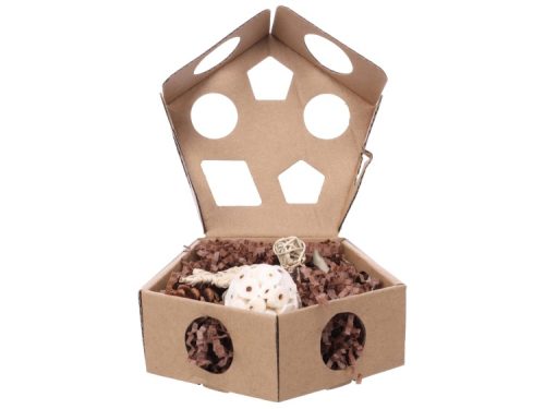 Gnaver legetøjsæske med naturmaterialer, ideel til små kæledyr som hamstere og mus. Indeholder små legesager og strøelse, perfekt til aktivering og beskæftigelse.