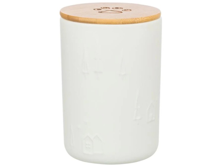 Opbevaringskrukke til gnaverfoder i hvid keramik med bambuslåg og dekorative indgraveringer. Ideel til opbevaring af foder og snacks til små kæledyr. Perfekt til at holde foderet friskt og organiseret.