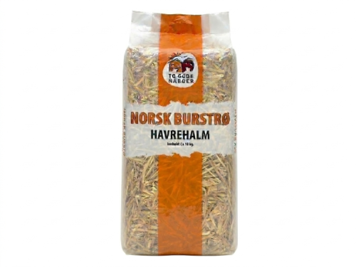 Norsk burstrø havrehalm fra To Gode Naboer, ideelt til gnavere og mindre kæledyr. Pakken indeholder ca. 10 kg, perfekt til at skabe en behagelig og naturlig indretning i dit kæledyrs bur.